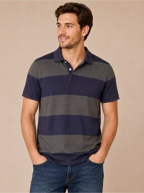 GAP Men's Wide-Stripe Polo in Navy & Gray